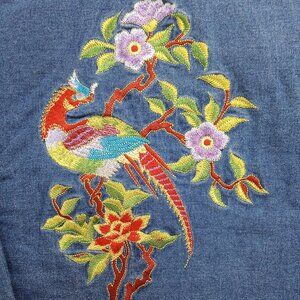 Asian Style Embroidered Denim Jacket sz L Floral Pheasant Boho Y2K